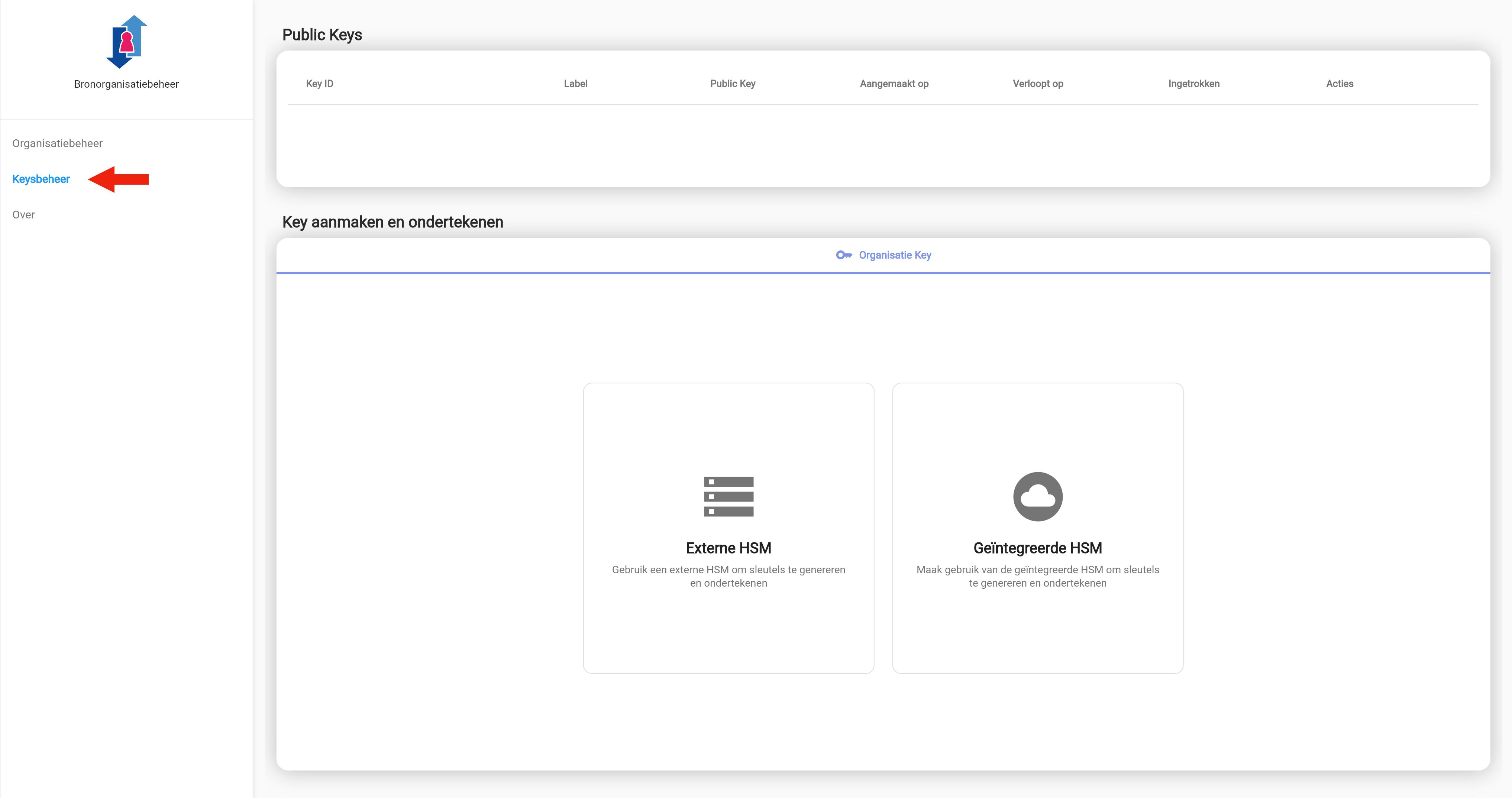 Bronorganisatie key management scherm